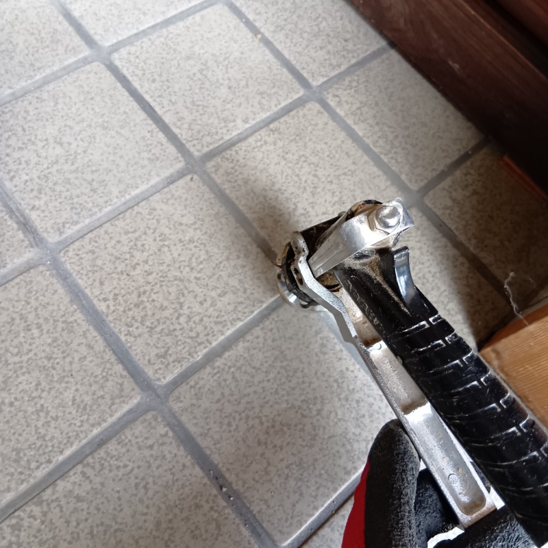 玄関の床にシロアリ駆除剤を注入する様子