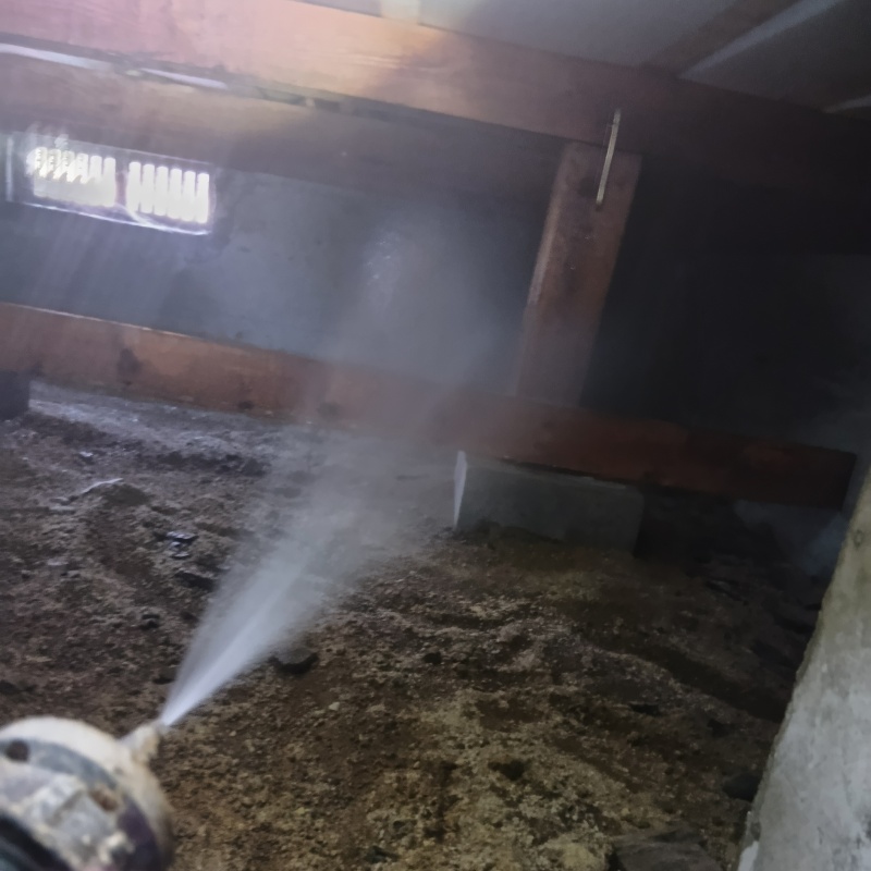 床下の木材にシロアリ駆除剤を散布する様子