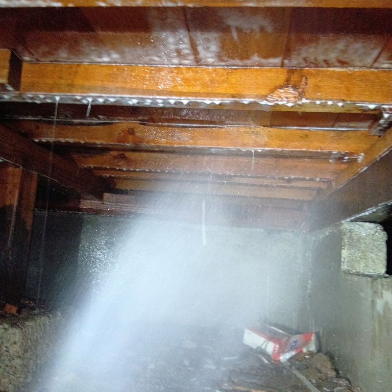 床下の木材にシロアリ駆除剤を散布