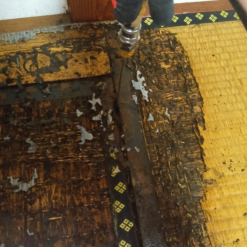 腐食した畳にシロアリ駆除剤を注入