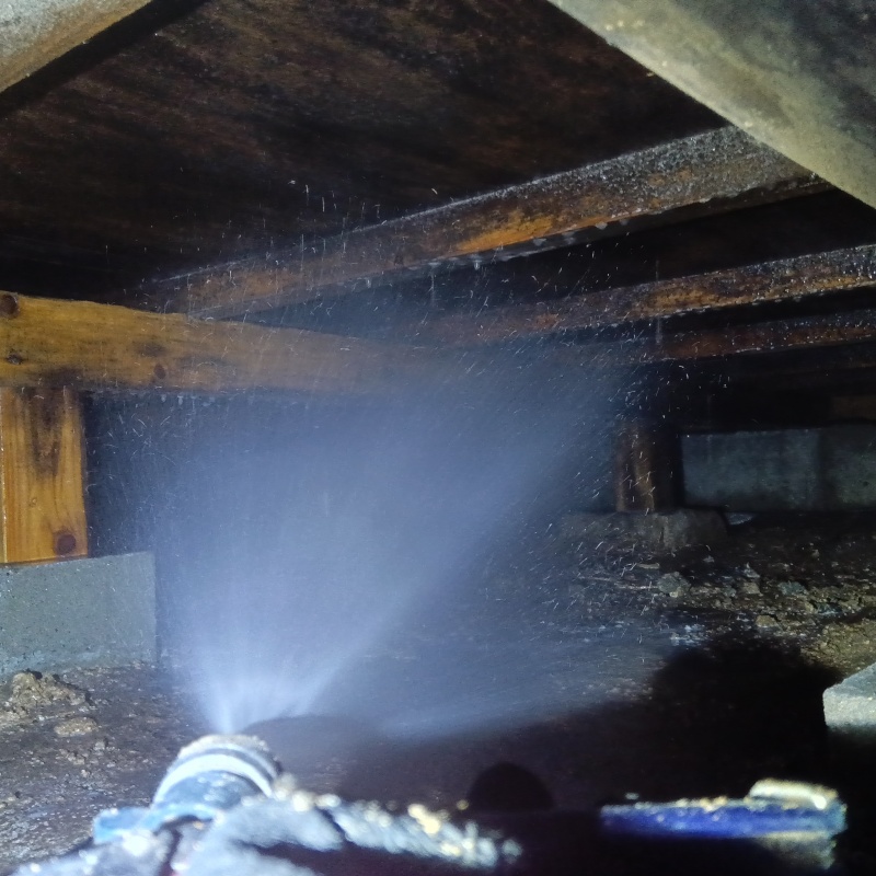 床下の木材にシロアリ駆除剤を散布