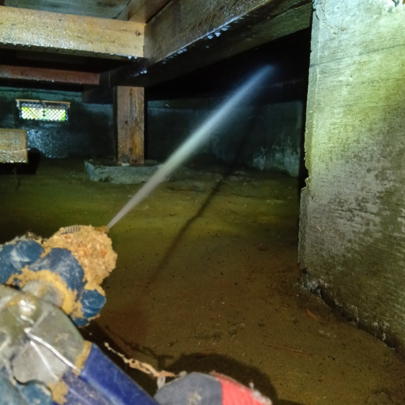 床下の木材にシロアリ駆除剤を散布