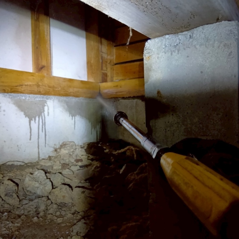 床下の木材にシロアリ駆除剤を散布