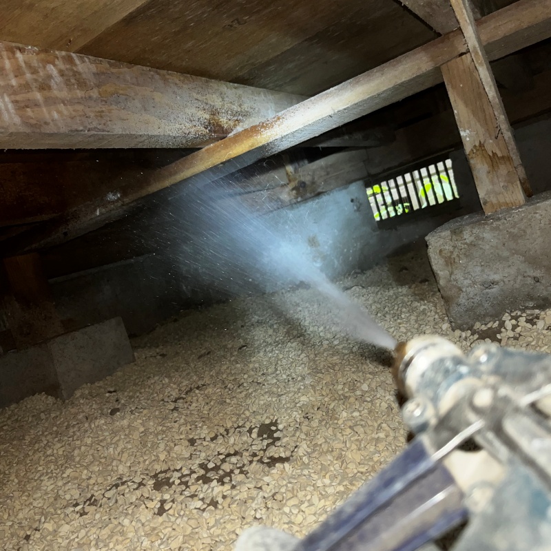 床下の木材にシロアリ駆除剤を散布