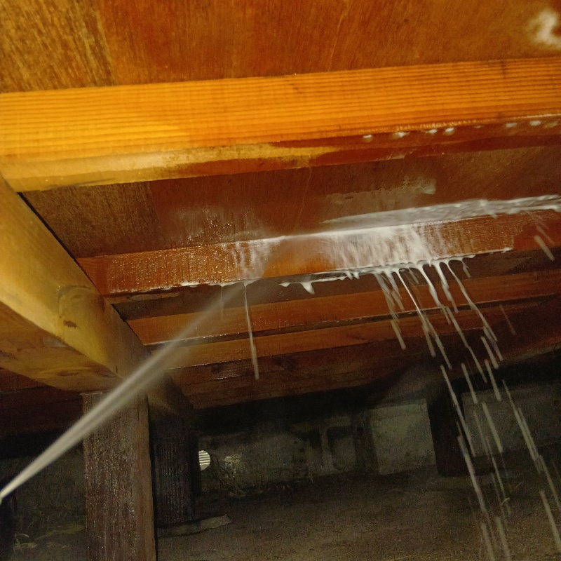 床下の木材にシロアリ駆除剤を散布