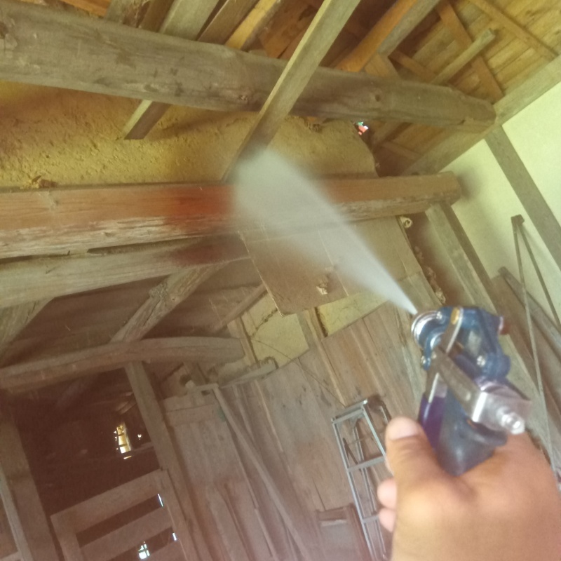 屋根裏の木材にシロアリ駆除剤を散布