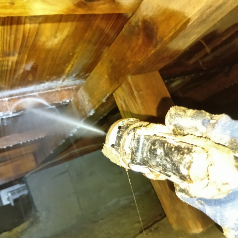 床下木材にシロアリ駆除剤を吹き付ける様子