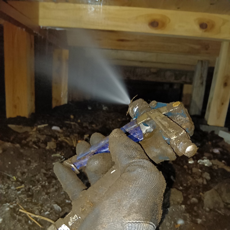 床下木材にシロアリ駆除剤を吹き付ける様子