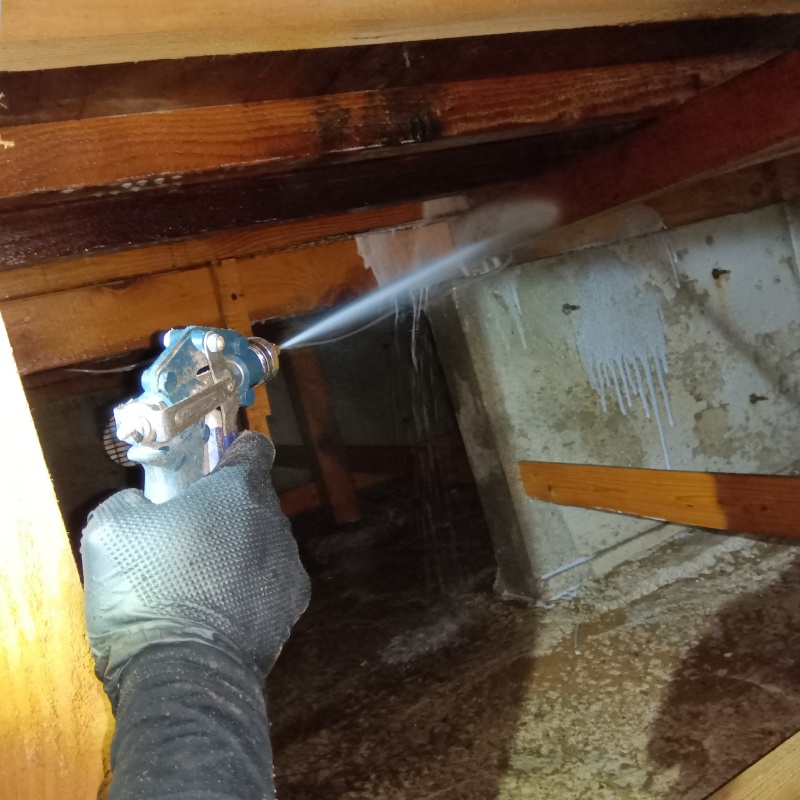 床下木材にシロアリ駆除剤を散布