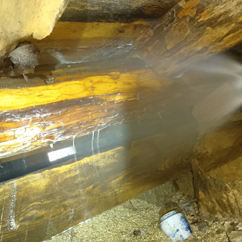 床下木材にシロアリ駆除剤を吹き付けている様子