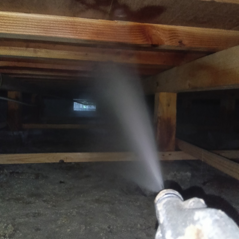 床下木材にシロアリ駆除剤を吹き付けている様子