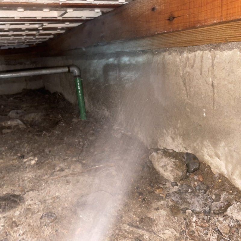 床下の基礎部分に防蟻剤を散布する様子