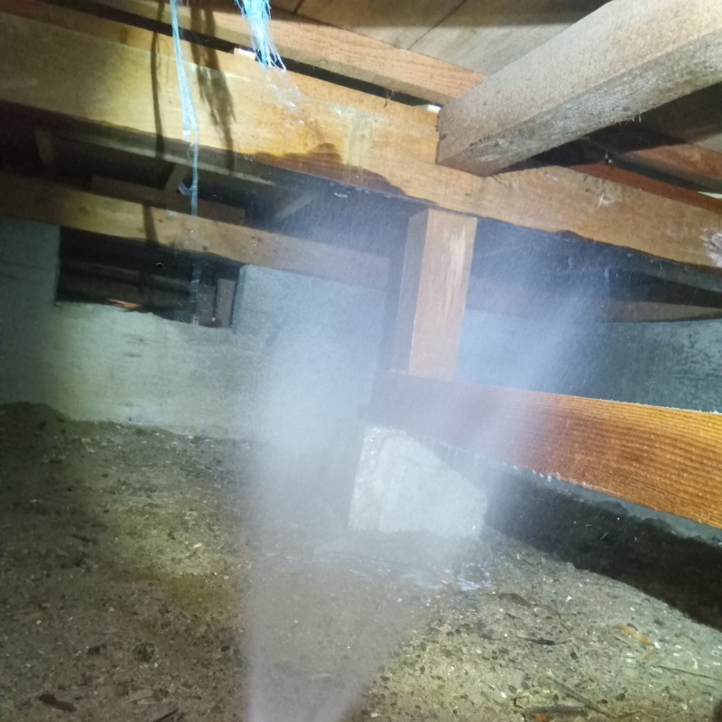 床下の木材にシロアリ駆除剤を散布する様子