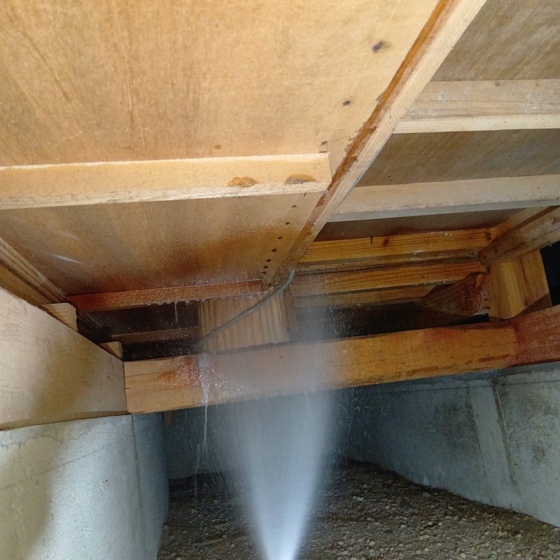 床下の木材にシロアリ駆除剤を散布する様子