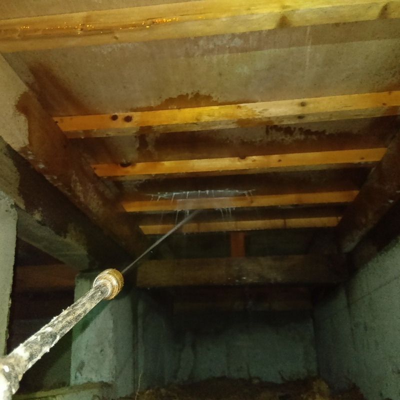 床下の木材に防蟻剤を散布する様子