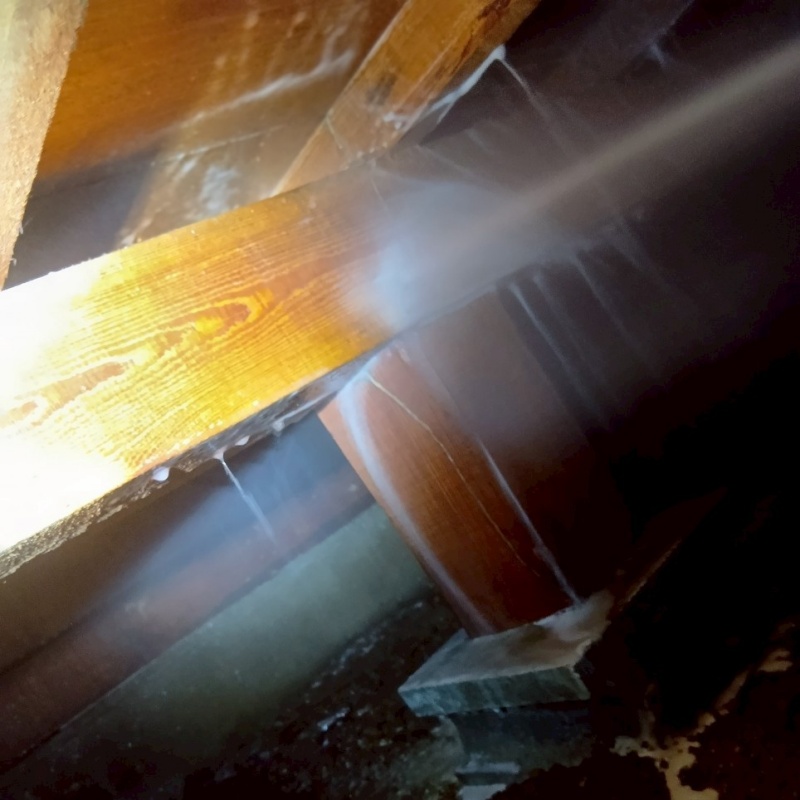 床下の木材にシロアリ駆除剤を散布する様子