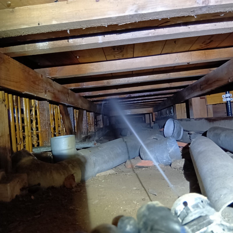 床下の木材にシロアリ駆除剤を散布する様子