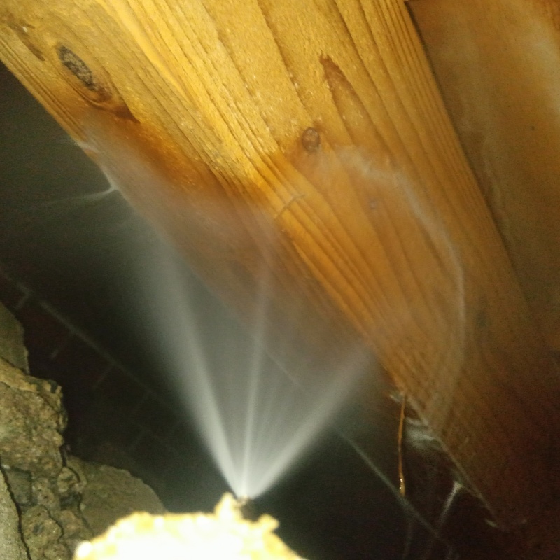 床下の木材にシロアリ駆除剤を散布する様子