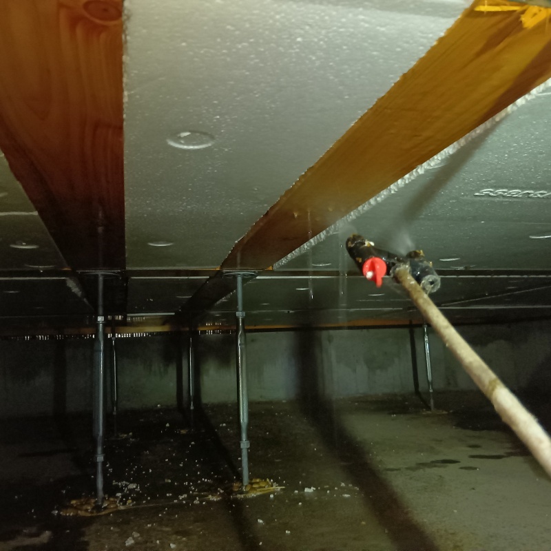 床下の木材に防蟻剤を散布する様子