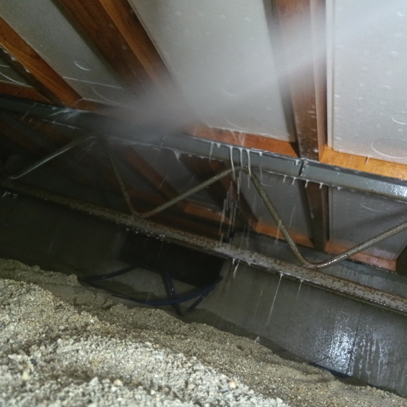 床下の木材に防蟻剤を散布する様子