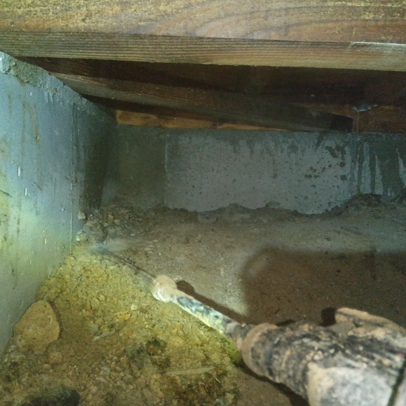 床下の土壌にシロアリ駆除剤を散布する様子