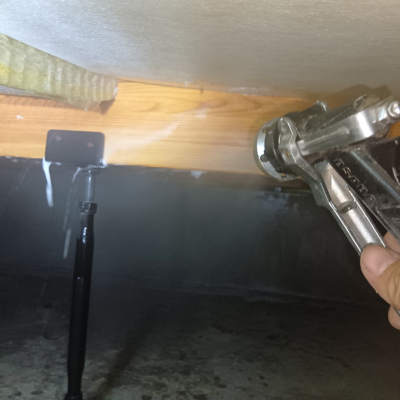 床下の木材に防蟻剤を散布する様子