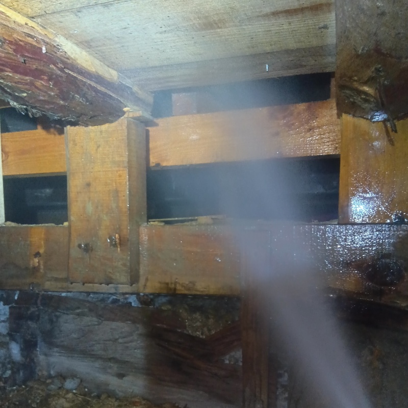 床下の木材にシロアリ駆除剤を散布する様子