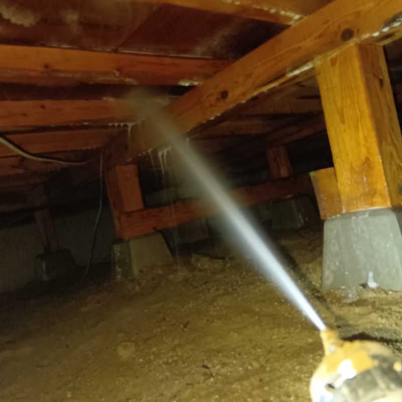 床下の木材に防蟻剤を散布する様子