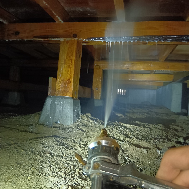 床下の木材に防蟻剤を散布する様子