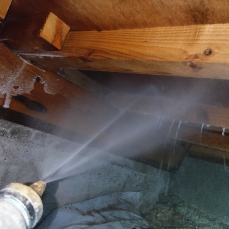 床下の木材に防蟻剤を散布する様子