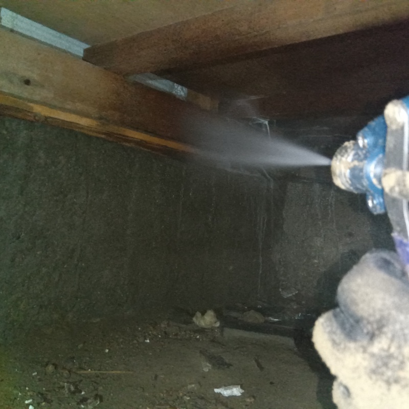 床下の木部にシロアリ駆除剤を散布