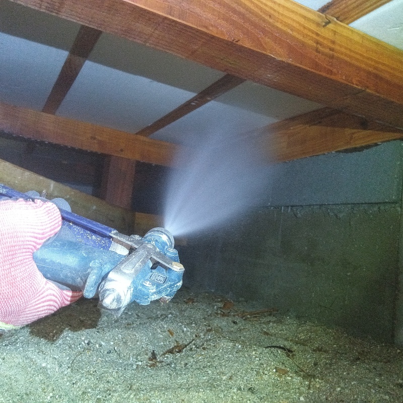 床下の木部にシロアリ駆除剤を散布