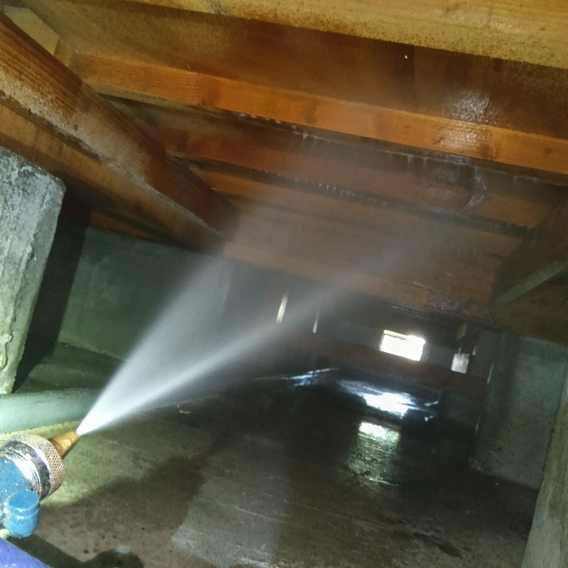 床下の木部にシロアリ駆除剤を散布