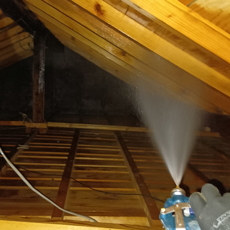 屋根裏の木部にシロアリ駆除剤を散布