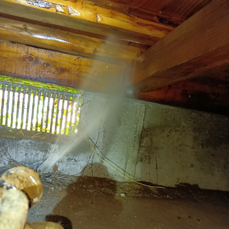 床下の木部にシロアリ駆除剤を散布