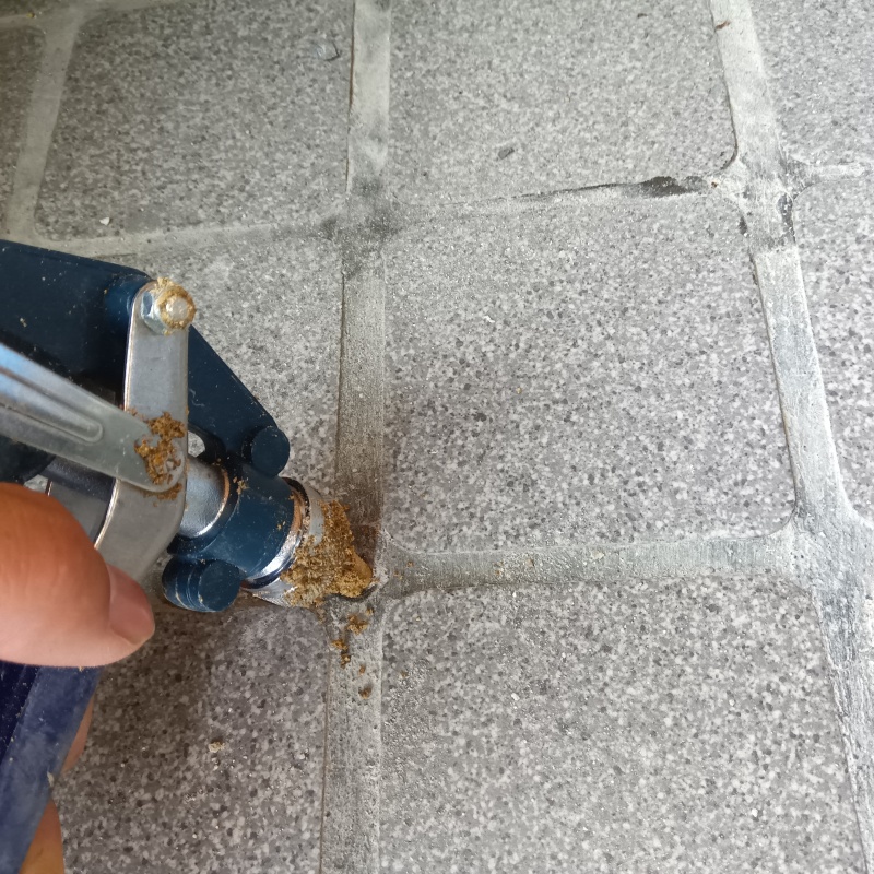 玄関の床タイルにシロアリ駆除剤を注入