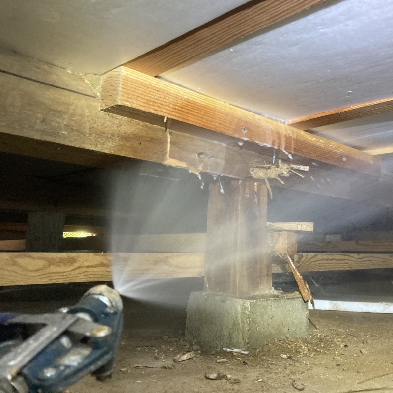 床下の木部にシロアリ駆除剤を散布