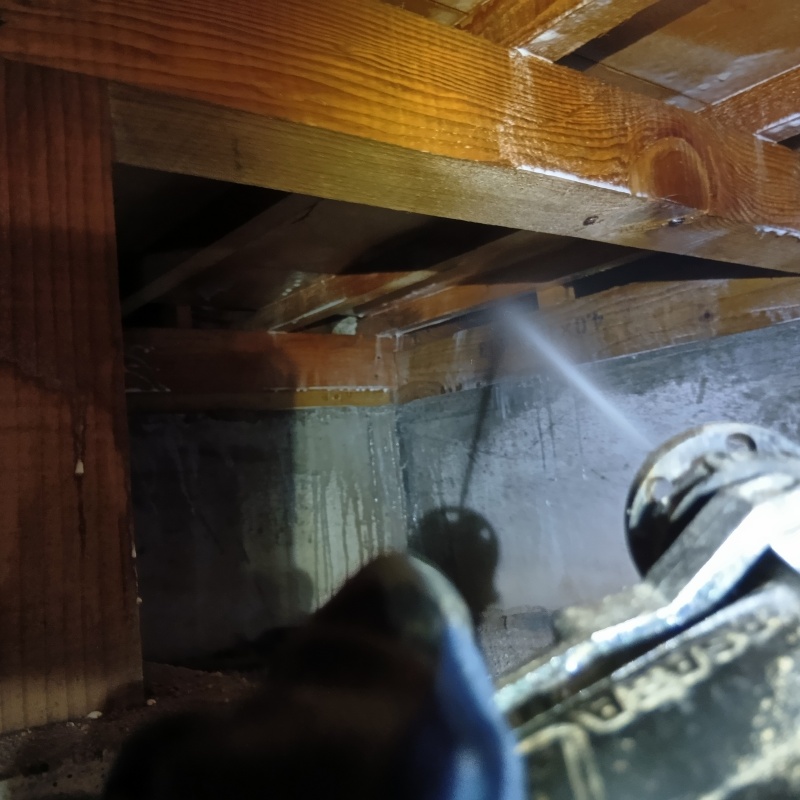 床下木材にシロアリ駆除剤を吹き付ける様子