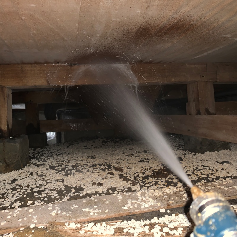 床下の木材にシロアリ駆除剤を散布