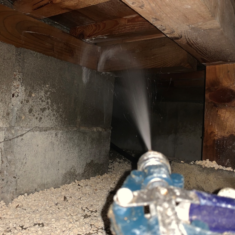 床下の木材にシロアリ駆除剤を散布