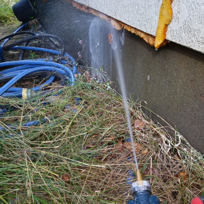 屋外の地面にシロアリ駆除剤を散布