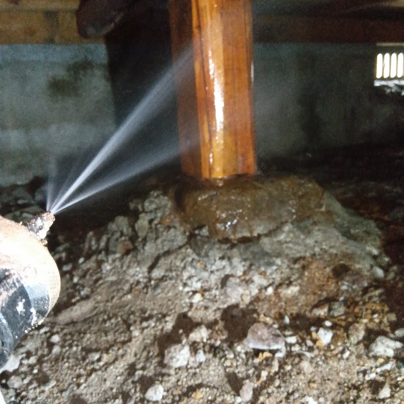 床下の木材にシロアリ駆除剤を散布