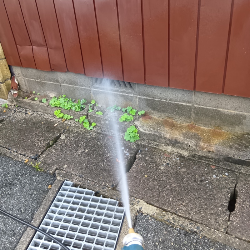 屋外の地面にシロアリ駆除剤を散布