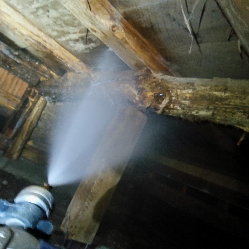 床下の木材にシロアリ駆除剤を散布