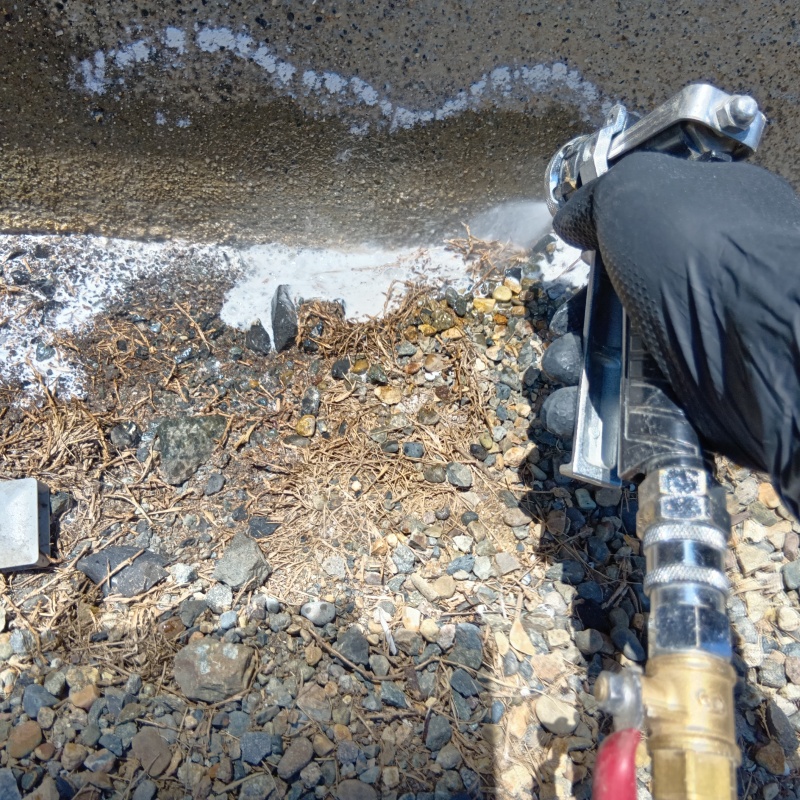 外壁と地面の境目にシロアリ駆除剤を散布