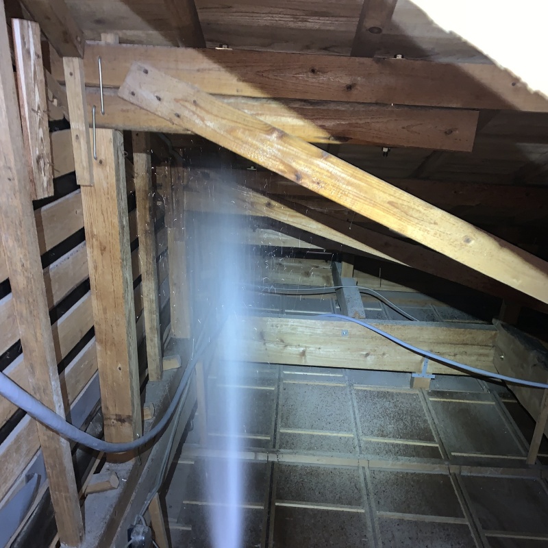 屋根裏の木部にシロアリ駆除剤を散布