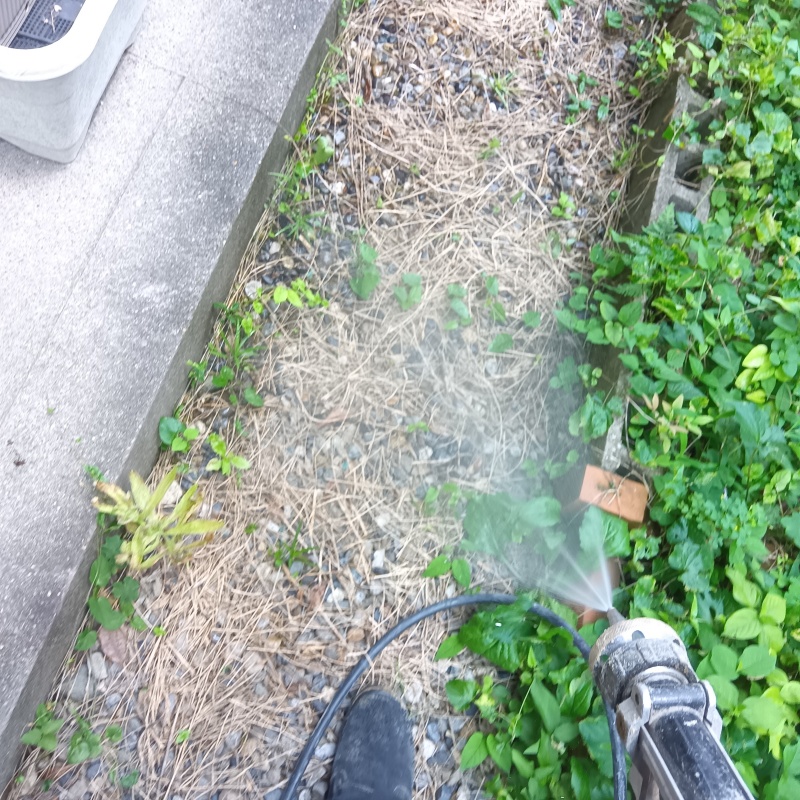 庭の土壌にシロアリ駆除剤を散布