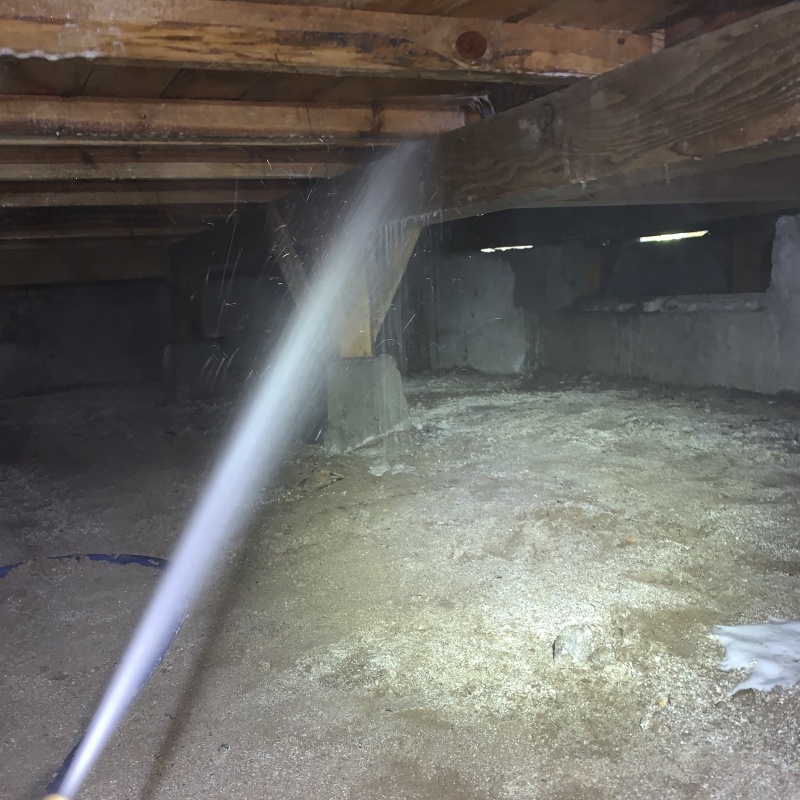 床下の木部にシロアリ駆除剤を散布