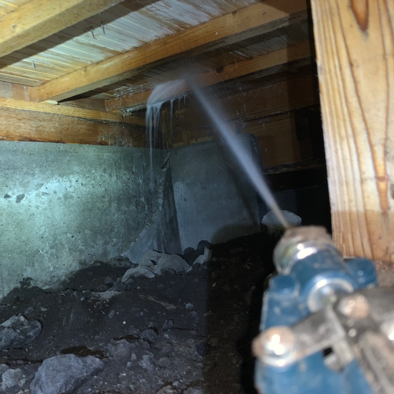 床下の木部にシロアリ駆除剤を散布