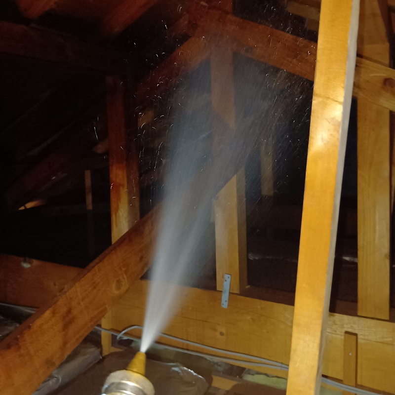 屋根裏の木部にシロアリ駆除剤を散布